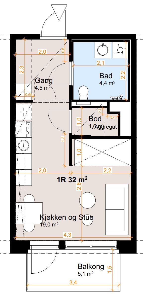 TK38 Plantegning 1-roms 32 kvm